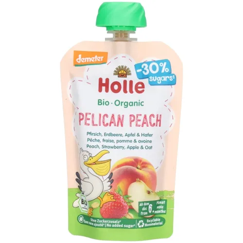 Holle, Holle Pelican Peach mit Pfirsich, Erdbeere, Apfel und Hafer (100g)