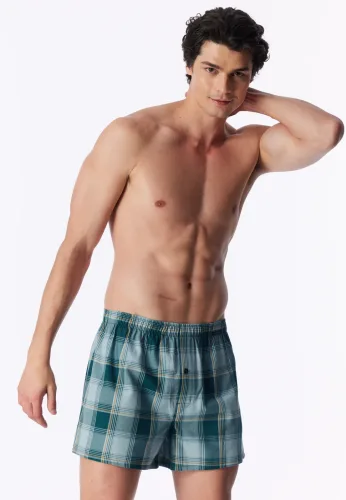 Schiesser Boxershorts mit Knopfleiste 2er-Pack Blau/Grün kariert - Boxershorts Multipacks für Herren, Größe L, 100 % Baumwolle
