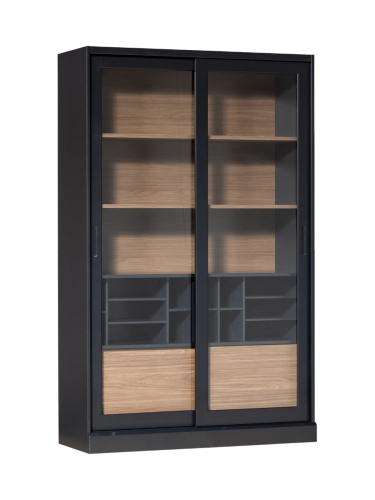 Woood, WOOOD Vitrine "James mit FSC Massivkiefer und Glasdekor-Türen B125 x T47 x H200 cm" Tragkraft 15 kg pro Einlegeboden, MDF-Rückwand mit Nussbaumoptik
