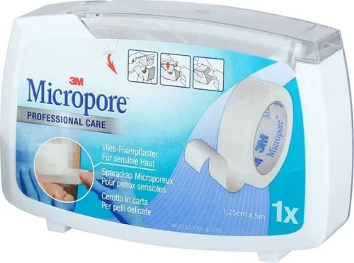 3M Micropore Vliespflaster Einzelpackung weiss, mit Abroller (1,25cmx5m)