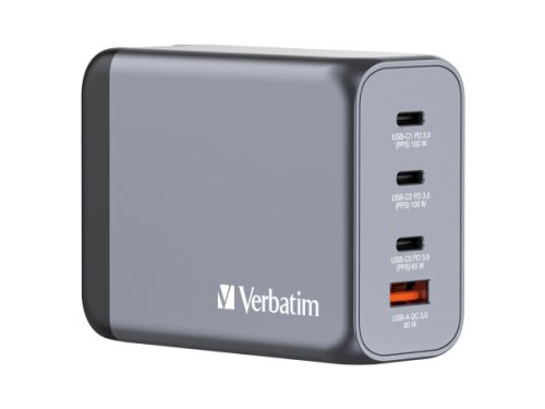 Verbatim, Verbatim GNC-200 GaN Reiseladeadapter 200 W 1x USB-A, 3x USB-C® USB PD, USB PD 3.0, QC 3.0 Grau GaN, mit Europa-Adapter,