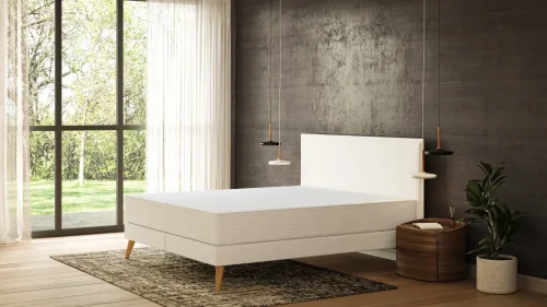 Emma, Emma Original Elite Boxspringbett ? Beige ? 140 cm ? Kopfteil mit Kissen ? Holzfüße