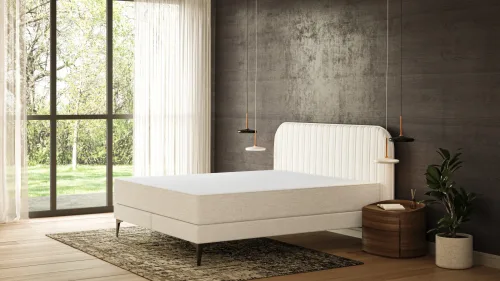 Emma, Emma Original Elite Boxspringbett ? Beige ? 140 cm ? Kopfteil mit Streifen ? Metallfüße