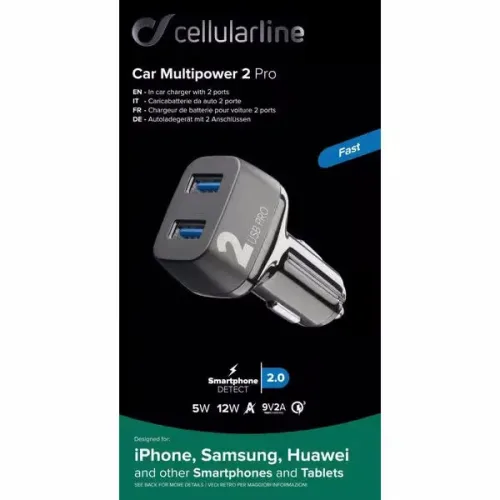 Cellularline Car Multipower 2 Pro Auto Ladegerät – USB C Kabel/Adapter/Ladegerät – schwarz