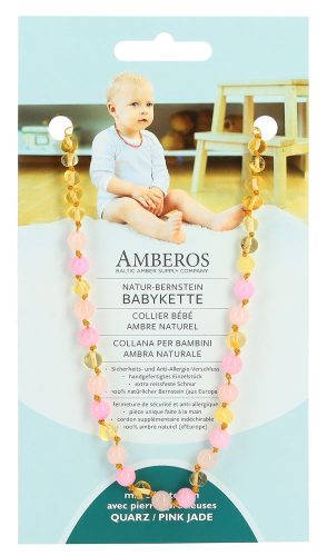 AMBEROS, AMBEROS Natur Bernsteinkette mit Edelstahl Quarz / Pink Jade (1 Stk)