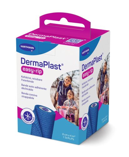 DERMAPLAST, DermaPlast easy-rip Kohäsive, reissbare Fixier- und Stützbinde, 8cmx4m blau (1 Stk)