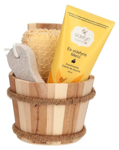 sidefyn, sidefyn Geschenkset Holzkübel mit Duschcreme, Es sidefyns Merci (4-teilig)