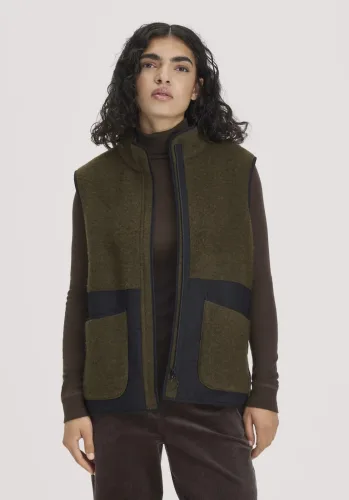 hessnatur, hessnatur Damen Wollfleece-Weste Patch Regular aus Bio-Merinowollewolle - grün - Größe XL