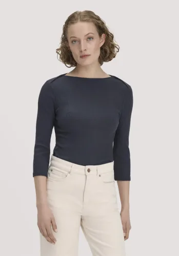 hessnatur, hessnatur Damen Boatneck Longsleeve Slim aus Bio-Baumwolle - blau - Größe 34