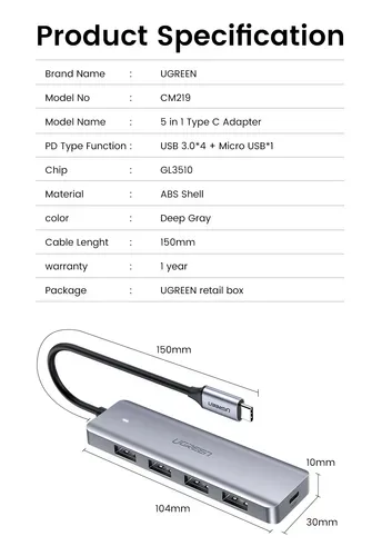 UGREEN, UGREEN USB-C Hub 4in1, Silver 70336 4xUSB-A