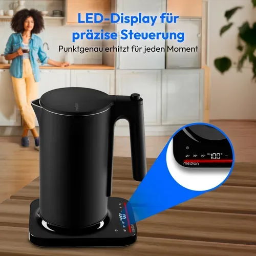 Medion, MEDION LIFE Digitaler Wasserkocher MD12106 schwarz, 2.200 Watt Leistung, 1,5 Liter Kapazität, LED-Display, LED-leuchtbalken, automatische Programme, Kindersicherung