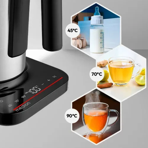 Medion, MEDION LIFE Digitaler Wasserkocher MD12106 silber, 2.200 Watt Leistung, 1,5 Liter Kapazität, LED-Display, LED-leuchtbalken, automatische Programme, Kindersicherung