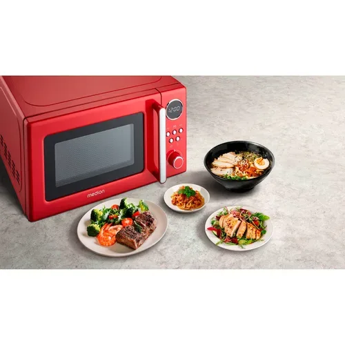 Medion, MEDION Retro-Mikrowelle MD 15000, rot, 800 W Leistung, 20 L kompakt, 5 Mikrowellenstufen, Auftaufunktion, Timerfunktion, stilvolles Retro-Design