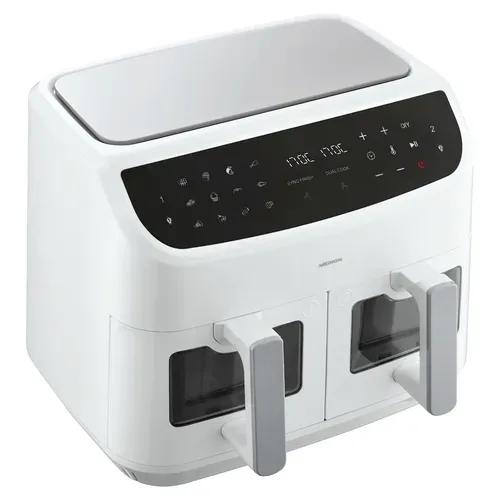 Medion, MEDION LIFE P20 XXL Twin Doppelzonen-Heißluftfritteuse MD 11760 weiß, 100 Rezepte in der Life+ App, 2 separate Garzonen, 10 Automatikprogramme, 8,7 L Gesamt-Nutzinhalt, 2.600 Watt, Temperatur einstellbar bis 200 °C