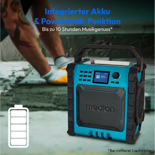 Medion, MEDION LIFE P66896 Premium Baustellenradio, 6,1 cm (2,4'') Farbdisplay, Bluetooth® 5.3, DAB+/UKW Radio, integr. Akku für bis zu 10 Stunden Laufzeit, zwei Passivradiatoren, 30 W RMS