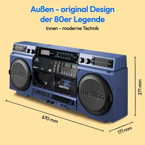 Medion, MEDION LIFE P66538 Retro-Boombox blau, DAB+/PLL-UKW Radio, Bluetooth® 5.3 für das Abspielen von Smartphone & Co, CD-Player, Kassettendeck, X-Bass Funktion, 2 x 10 W RMS