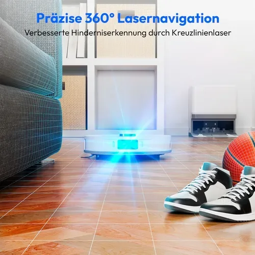 Medion, MEDION Saugroboter mit 3-in-1 Absaugstation X55 SW+, Wischfunktion, rotierende und bewegliche Wischmopps, Lasernavigation, Hinderniserkennung durch Kreuzlinienlaser, starke 10.000 Pa Saugkraft, präzise Kartenerstellung