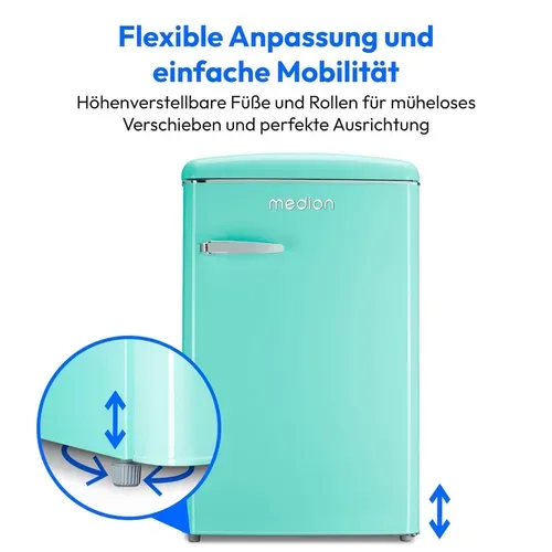 Medion, MEDION LIFE Retro Kühlschrank mit Gefrierfach MD37790 Minty Green, 108 L Gesamtnutzinhalt, 37 dB, höhenverstellbare Füße, Energieeffiziensklasse D