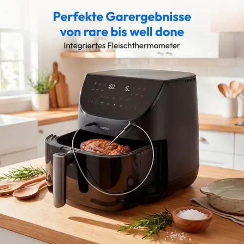 Medion, MEDION LIFE Heißluftfritteuse X20 XL (MD13060), Temperaturfühler, MEDION Life+ App, Touch-Sensor- Bedienfeld, 6,6 L Fassungsvermögen, 10 Automatikprogramme, 5 Fleischprogramme