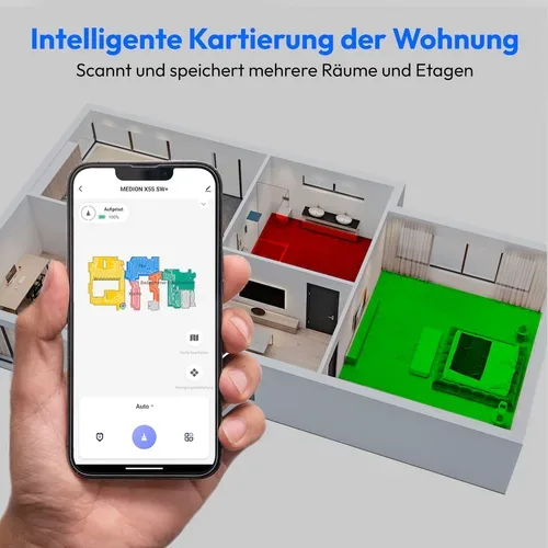 Medion, MEDION Saugroboter mit 3-in-1 Absaugstation X55 SW+, Wischfunktion, rotierende und bewegliche Wischmopps, Lasernavigation, Hinderniserkennung durch Kreuzlinienlaser, starke 10.000 Pa Saugkraft, präzise Kartenerstellung