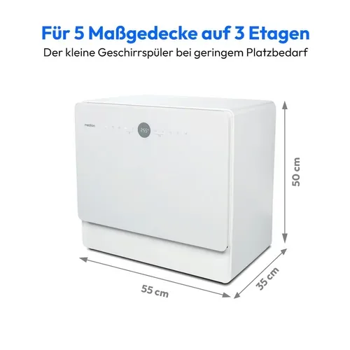 Medion, MEDION LIFE Tischgeschirrspüler DWT50 (MD 37775), 7 Reinigungsprogramme, Wasseranschluss, für 5 Gedecke, EasyFit Design, Touch-Bedienfeld, LED-Display