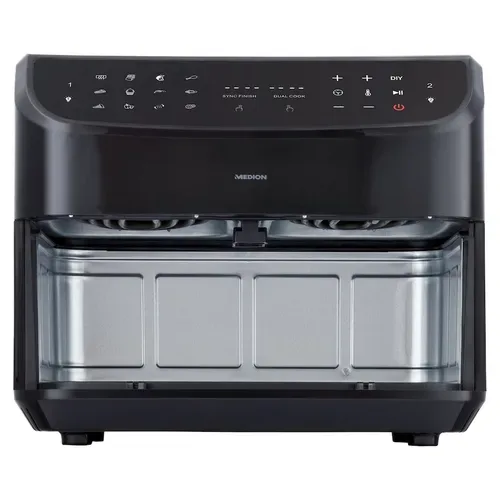 Medion, MEDION LIFE P20 XXL Twin Doppelzonen-Heißluftfritteuse MD 11760 schwarz, 100 Rezepte in der Life+ App, 2 separate Garzonen, 9 Automatikprogramme, 8,7 L Gesamt-Nutzinhalt, 2.600 Watt, Temperatur einstellbar bis 200 °C