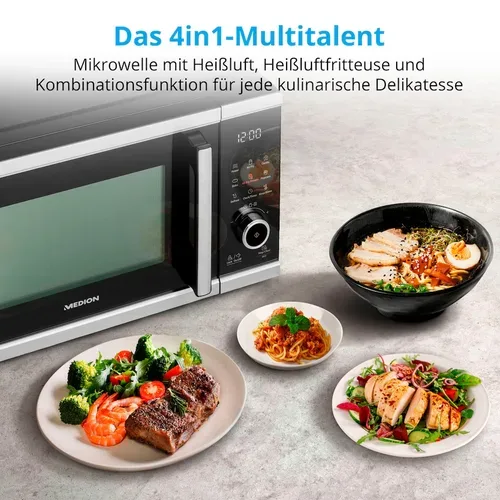 Medion, MEDION LIFE Mikrowelle mit Heißluft- fritteusen- funktion  MD 11499, 3in1 Mikrowelle, 25 L Garinnenraum, 900 W Mikrowellenleistung, 9 Automatikprogramme