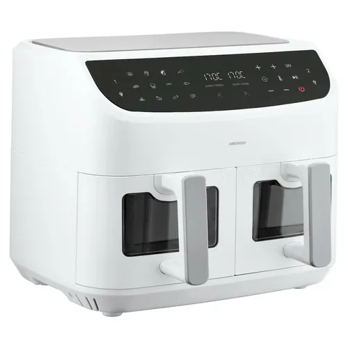 Medion, MEDION LIFE P20 XXL Twin Doppelzonen-Heißluftfritteuse MD 11760 weiß, 100 Rezepte in der Life+ App, 2 separate Garzonen, 10 Automatikprogramme, 8,7 L Gesamt-Nutzinhalt, 2.600 Watt, Temperatur einstellbar bis 200 °C