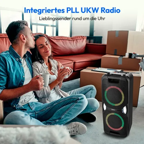 Medion, MEDION LIFE PE-1 Pure Partylautsprecher, PLL-UKW Radio, Bluetooth® 5.4, satter Sound, verschiedene Lichteffekte, X-Bass Bassanhebung, inkl. Mikrofon, 2 x 25 W RMS Ausgangsleistung