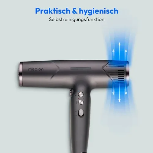 Medion, MEDION LIFE HD2 Haartrockner mit Ionen-Technologie grau, 1.500 Watt, Selbstreinigungsfunktion, Vielseitige Aufsätze: Stylingdüsen und Diffusor, 3 Temperatur- und 3 Luftstromstufen