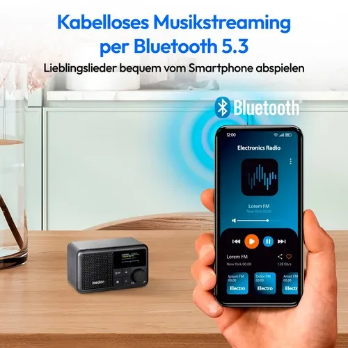 Medion, MEDION LIFE S66822 Tragbares DAB+ Radio schwarz, Farb-TFT Display 3,73 cm (1,47''), DAB+/UKW-Radio (je 40 Senderspeicher), Bluetooth® 5.3, integrierter Akku, extra kompakt, 2 W RMS
