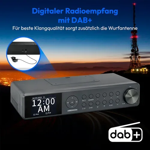 Medion, MEDION LIFE P66750 DAB+ Premium Küchenradio grau, 6,1 cm (2,4'') TFT-Farbdisplay, DAB+/PLL-UKW Radio, Bluetooth® 5.0, LED-Beleuchtung, 2 x 3 W RMS