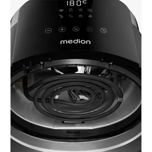 Medion, MEDION LIFE HeißluftFritteuse P40 L (MD13030) schwarz, +100 Rezepte in der Life+ App¹, Touch-Sensor- Bedienfeld, 4,7 Liter Fassungsvermögen, 8 Automatikprogramme,1.500 Watt, 60 min. Timer, PFAS-freie Antihaft-Beschichtung