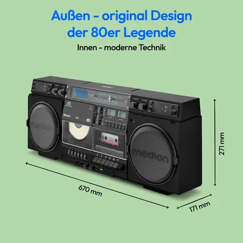 Medion, MEDION LIFE P66538 Retro-Boombox schwarz, DAB+/PLL-UKW Radio, Bluetooth® 5.3 für das Abspielen von Smartphone & Co, CD-Player, Kassettendeck, X-Bass Funktion, 2 x 10 W RMS