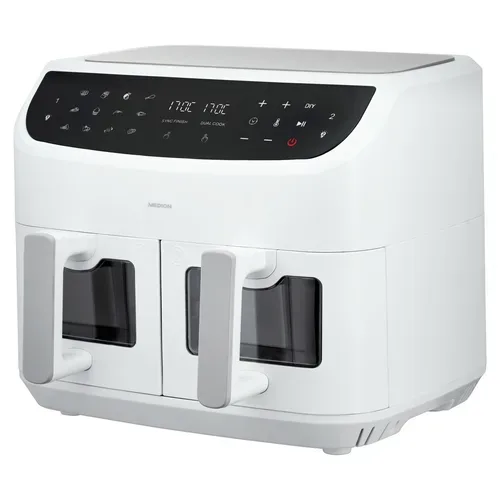 Medion, MEDION LIFE P20 XXL Twin Doppelzonen-Heißluftfritteuse MD 11760 weiß, 100 Rezepte in der Life+ App, 2 separate Garzonen, 10 Automatikprogramme, 8,7 L Gesamt-Nutzinhalt, 2.600 Watt, Temperatur einstellbar bis 200 °C