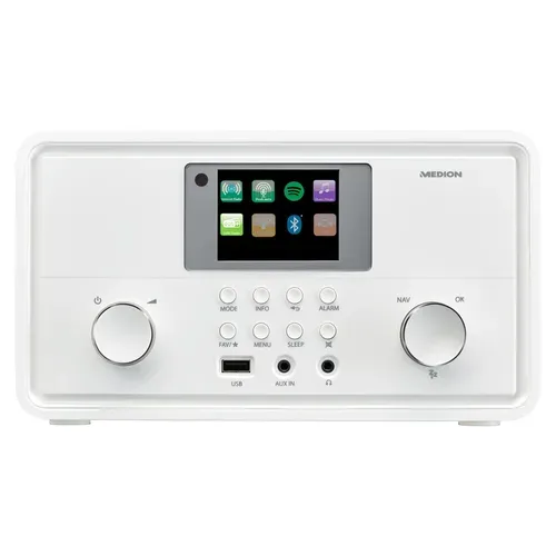 Medion, MEDION LIFE P85027 Stereo Internetradio weiß, 7,1 cm (2,8'') TFT-Display, 25.000+ Internetradiosender & zahlreiche Podcasts, DAB+/UKW-Radio, Bluetooth®, Spotify®-Connect, WLAN, 2 x 10 W RMS