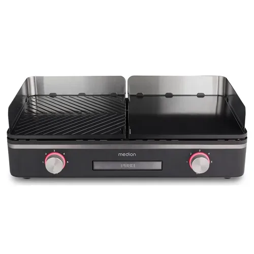 Medion, MEDION LIFE Tischgrill mit Dual-Zonen-System (MD12027), 2,400 Watt, 2 abnehmbare Platten, PFAS Frei, LED-Statusanzeige (weiß, rot, grün), IPX4-Schutz