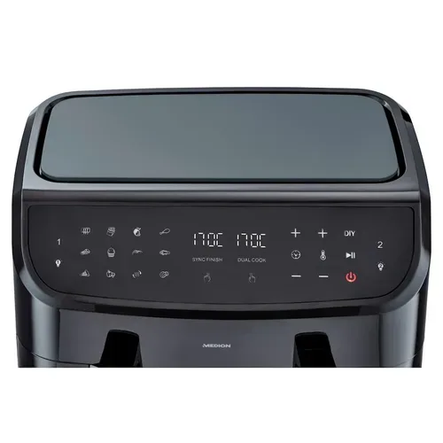 Medion, MEDION LIFE P20 XXL Twin Doppelzonen-Heißluftfritteuse MD 11760 schwarz, 100 Rezepte in der Life+ App, 2 separate Garzonen, 9 Automatikprogramme, 8,7 L Gesamt-Nutzinhalt, 2.600 Watt, Temperatur einstellbar bis 200 °C