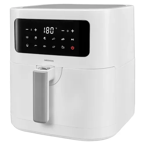 Medion, MEDION LIFE E40 XL Heißluftfritteuse MD 11740 weiß, 100 Rezepte in der Life+ App, ölfreies Frittieren, 9 Automatikprogramme, 5,2 L Korbvolumen