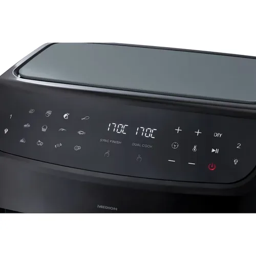 Medion, MEDION LIFE P20 XXL Twin Doppelzonen-Heißluftfritteuse MD 11760 schwarz, 100 Rezepte in der Life+ App, 2 separate Garzonen, 9 Automatikprogramme, 8,7 L Gesamt-Nutzinhalt, 2.600 Watt, Temperatur einstellbar bis 200 °C