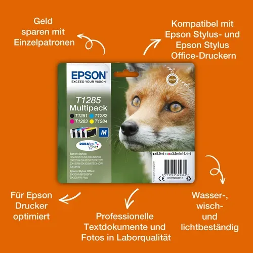 Epson, Epson E128 Druckerpatronen (bk, c, m, y) - Epson T1285, C13T12854010 für z.B. Epson Stylus SX 230, Epson Stylus SX 235 W, Epson Stylus S 22