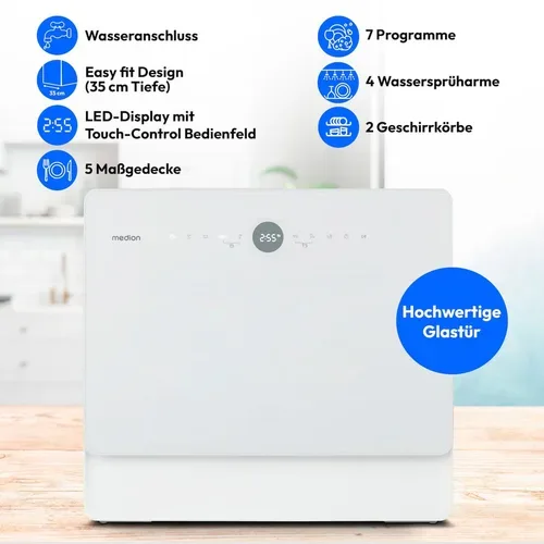 Medion, MEDION LIFE Tischgeschirrspüler DWT50 (MD 37775), 7 Reinigungsprogramme, Wasseranschluss, für 5 Gedecke, EasyFit Design, Touch-Bedienfeld, LED-Display