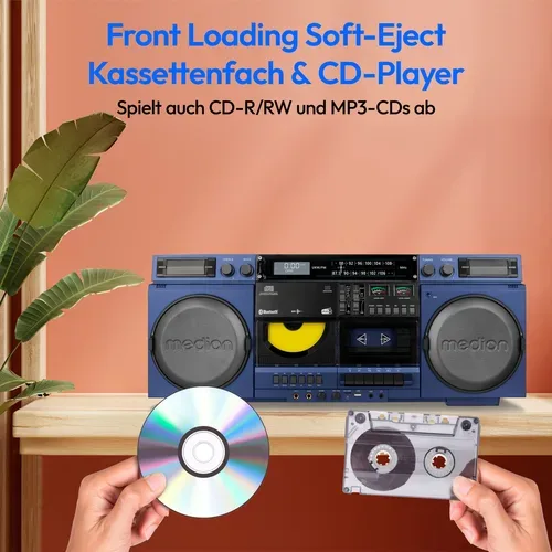 Medion, MEDION LIFE P66538 Retro-Boombox blau, DAB+/PLL-UKW Radio, Bluetooth® 5.3 für das Abspielen von Smartphone & Co, CD-Player, Kassettendeck, X-Bass Funktion, 2 x 10 W RMS