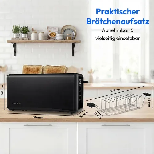 Medion, MEDION LIFE Toaster MD12103 schwarz, 2 lange Toastschlitze für bis zu 4 Toasts, LED Sensor-Touch-Display, 7 Bräunungsstufen und 5 Automatikprogramme