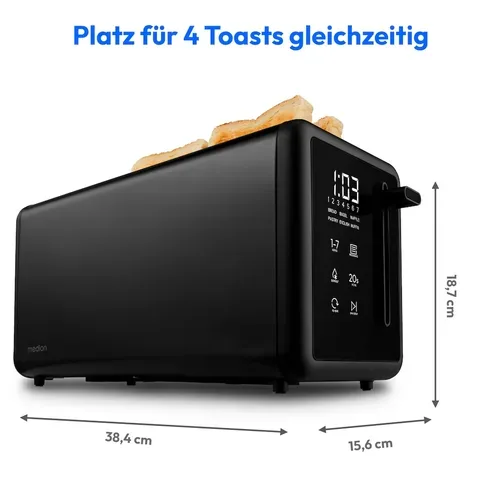 Medion, MEDION LIFE Toaster MD12103 schwarz, 2 lange Toastschlitze für bis zu 4 Toasts, LED Sensor-Touch-Display, 7 Bräunungsstufen und 5 Automatikprogramme