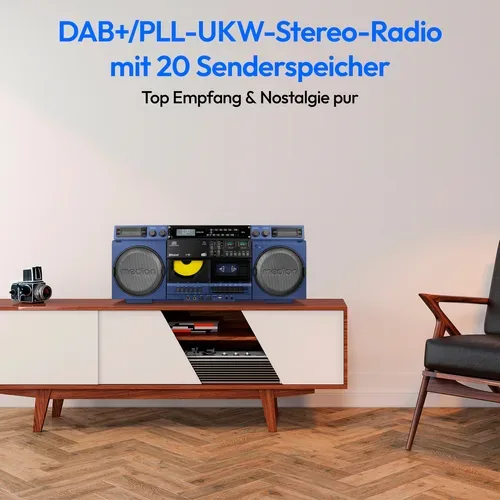 Medion, MEDION LIFE P66538 Retro-Boombox blau, DAB+/PLL-UKW Radio, Bluetooth® 5.3 für das Abspielen von Smartphone & Co, CD-Player, Kassettendeck, X-Bass Funktion, 2 x 10 W RMS