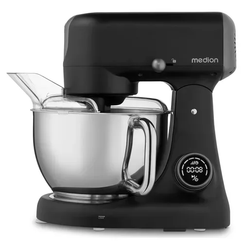 Medion, MEDION LIFE Digitale Küchenmaschine MD12600 schwarz, 800 W Gleichstrommotor, Energiesparend, Ultraleise, Digitales Sensor-Touch-Display, 4,6 L Edelstahlschüssel, Inkl. Fleischwolf