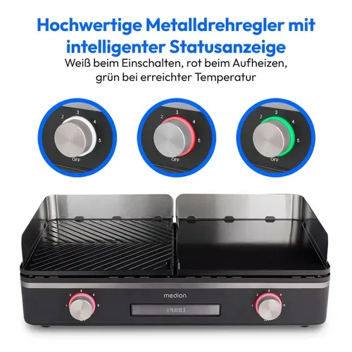 Medion, MEDION LIFE Tischgrill mit Dual-Zonen-System (MD12027), 2,400 Watt, 2 abnehmbare Platten, PFAS Frei, LED-Statusanzeige (weiß, rot, grün), IPX4-Schutz