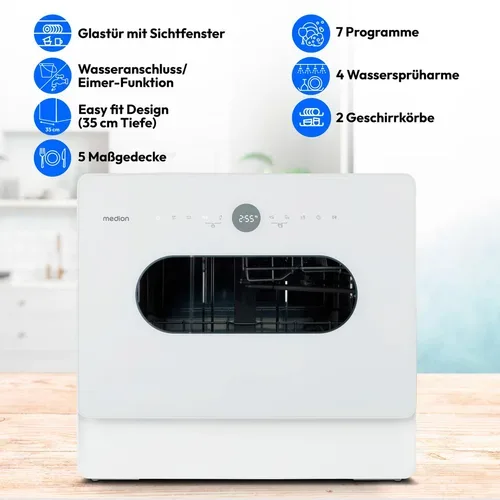 Medion, MEDION LIFE Tischgeschirrspüler DWT51 (MD 37766), 7 Reinigungsprogramme, Eimer-Funktion und Wasseranschluss, für 5 Gedecke, EasyFit Design, Touch-Bedienfeld, LED-Display