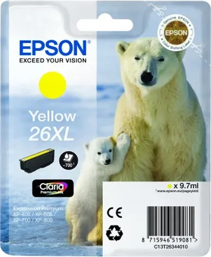 Epson, Epson E26XLy Druckerpatronen XL ye - Epson No. 26XL y, C13T26344010 für z.B. Epson Expression Premium XP -510, Epson Expression Premium XP -520